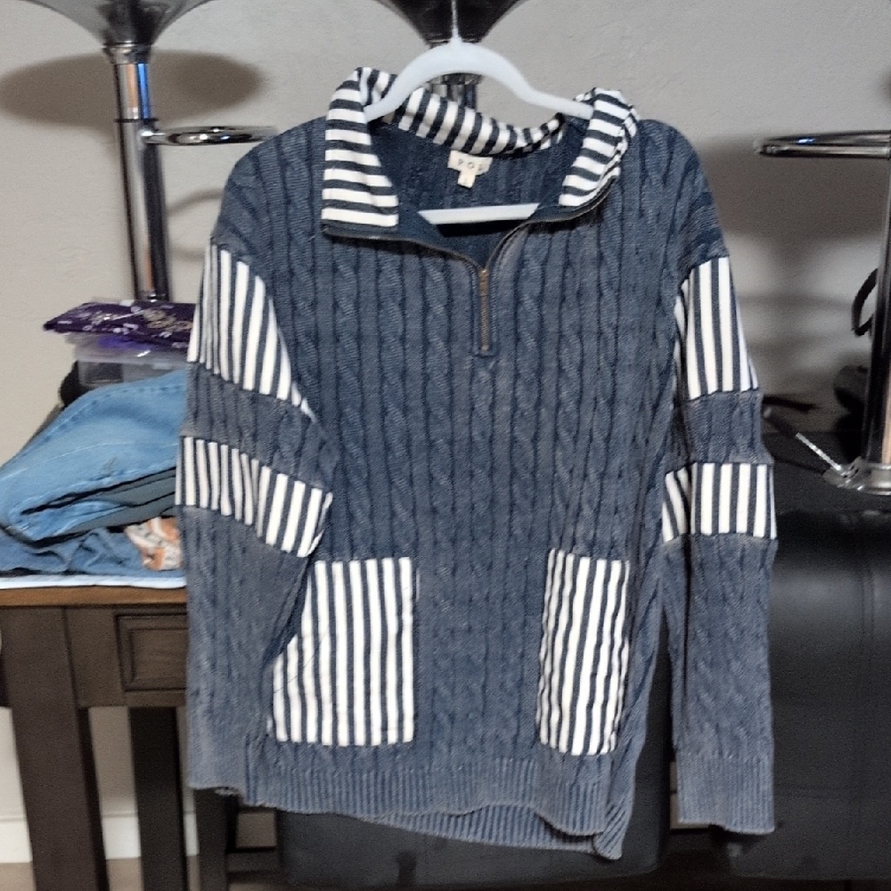 POL Navy Cable Knit Half-Zip Hoodie with Stripe Pockets